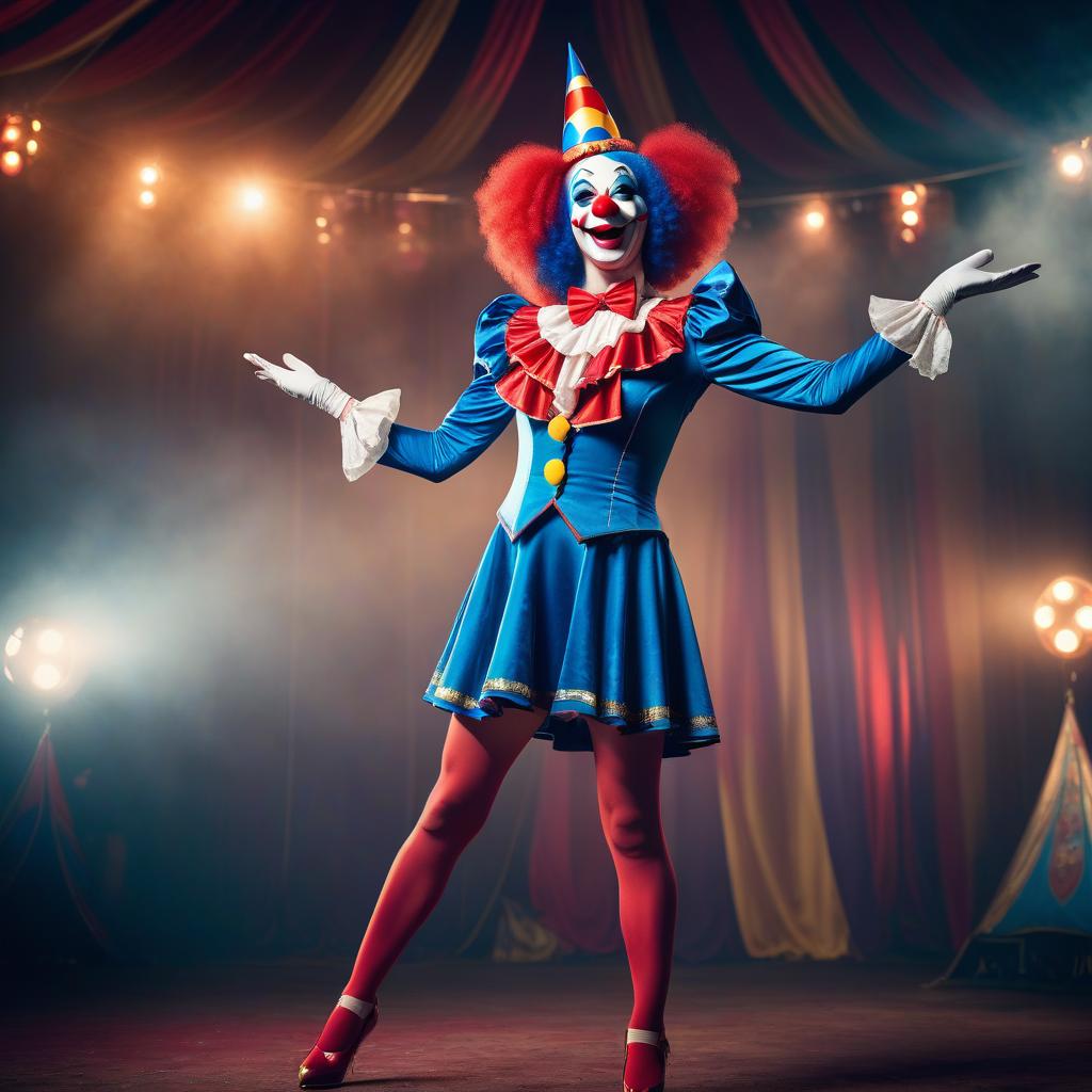  Portrait of a funny clown girl showing a trick in a circus. hyperrealistic, full body, detailed clothing, highly detailed, cinematic lighting, stunningly beautiful, intricate, sharp focus, f/1. 8, 85mm, (centered image composition), (professionally color graded), ((bright soft diffused light)), volumetric fog, trending on instagram, trending on tumblr, HDR 4K, 8K