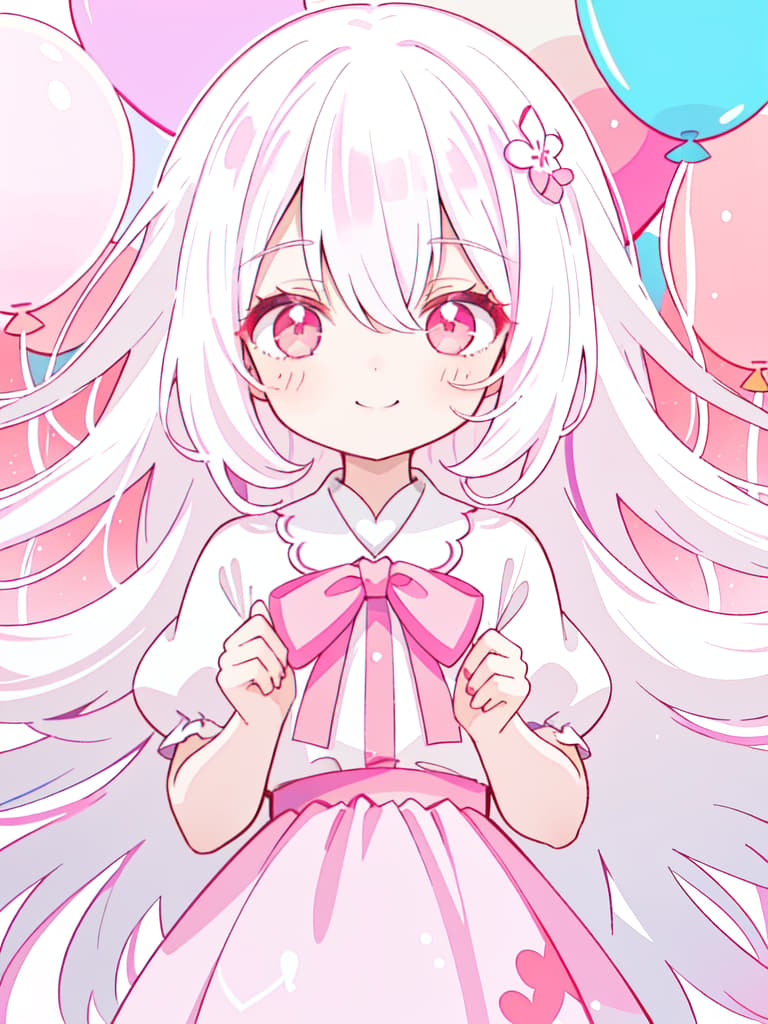  1 Girl, solo, white hair, dark pink, gradation, twosideup, long hair, smile, birthday, cute, cute, pink, balloons, celebration, red eyes, sauce eyes, masterpiece, best quality,8k,ultra detailed,high resolution,an extremely delicate and beautiful,hyper detail