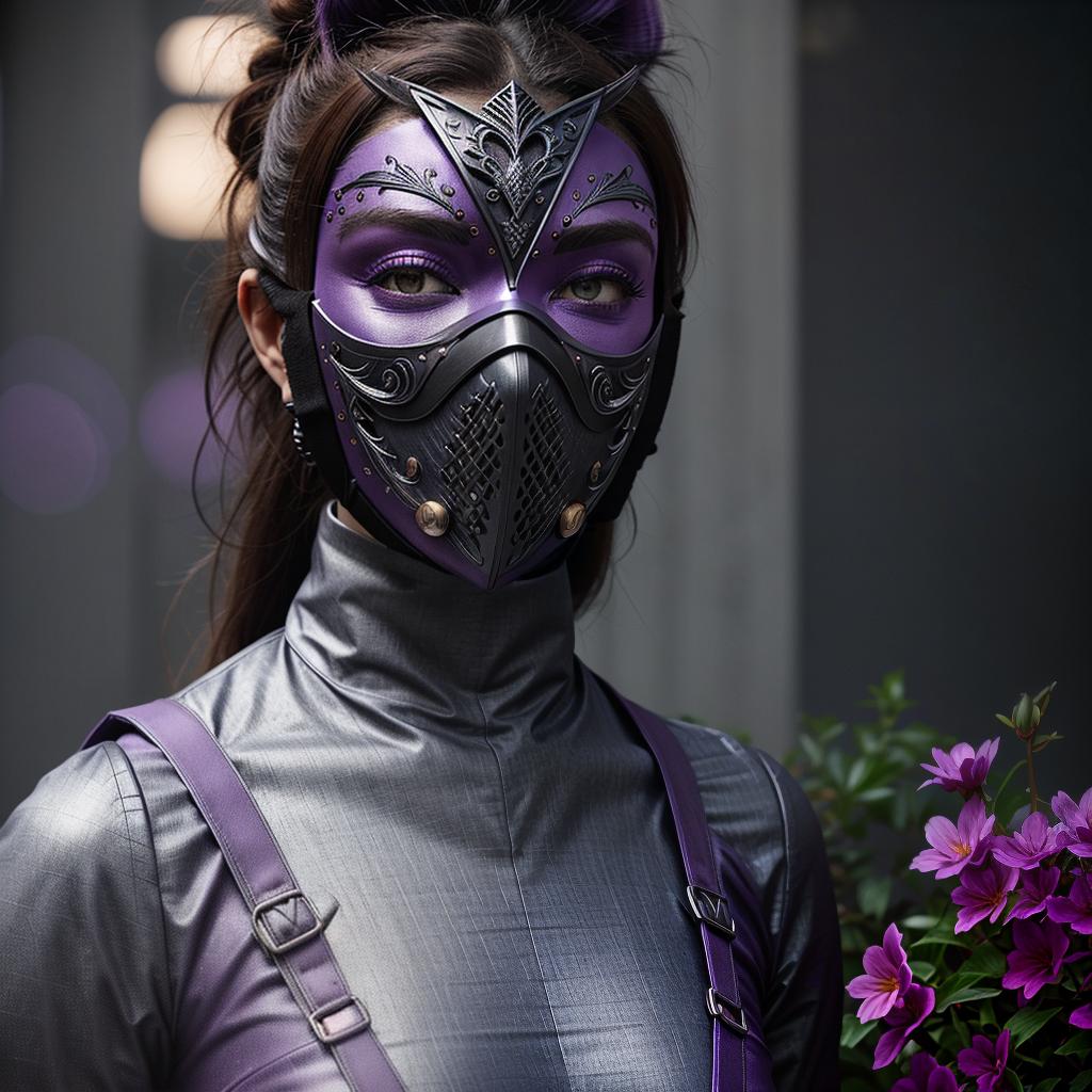  steel metalic metal mask, purple, full, facecoverage protection metal, protecting, full, face, mask, for, eyes, mouth, , and, nose, on, a, female, face, decorated, with, painted, purple, flowers, detailed, mask, with, gravour, metal, steel, mask, in, full, purple, but, has, decorated, purple, dark, thick, purple, lines, on, , mask, to, emphazise, sections, on, the, metall, steel, sharp, mask, hyperrealistic, full body, detailed clothing, highly detailed, cinematic lighting, stunningly beautiful, intricate, sharp focus, f/1. 8, 85mm, (centered image composition), (professionally color graded), ((bright soft diffused light)), volumetric fog, trending on instagram, trending on tumblr, HDR 4K, 8K