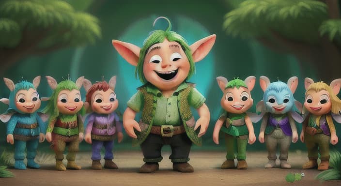  {Giggles surrounded by a diverse group of creatures, from elves to fairies, all laughing and dancing together in harmony., Giggles' heart overflows with love and kindness as he embraces creatures of all shapes and sizes. His laughter continues to bring happiness to all.