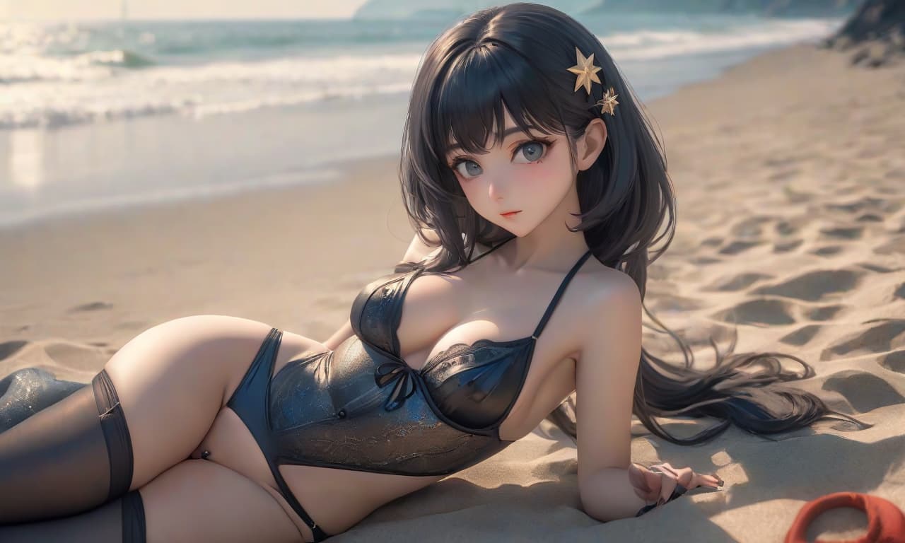  Kafka from Hongkai Star Ray, lying, in a small swimsuit, on the beach hyperrealistic, full body, detailed clothing, highly detailed, cinematic lighting, stunningly beautiful, intricate, sharp focus, f/1. 8, 85mm, (centered image composition), (professionally color graded), ((bright soft diffused light)), volumetric fog, trending on instagram, trending on tumblr, HDR 4K, 8K