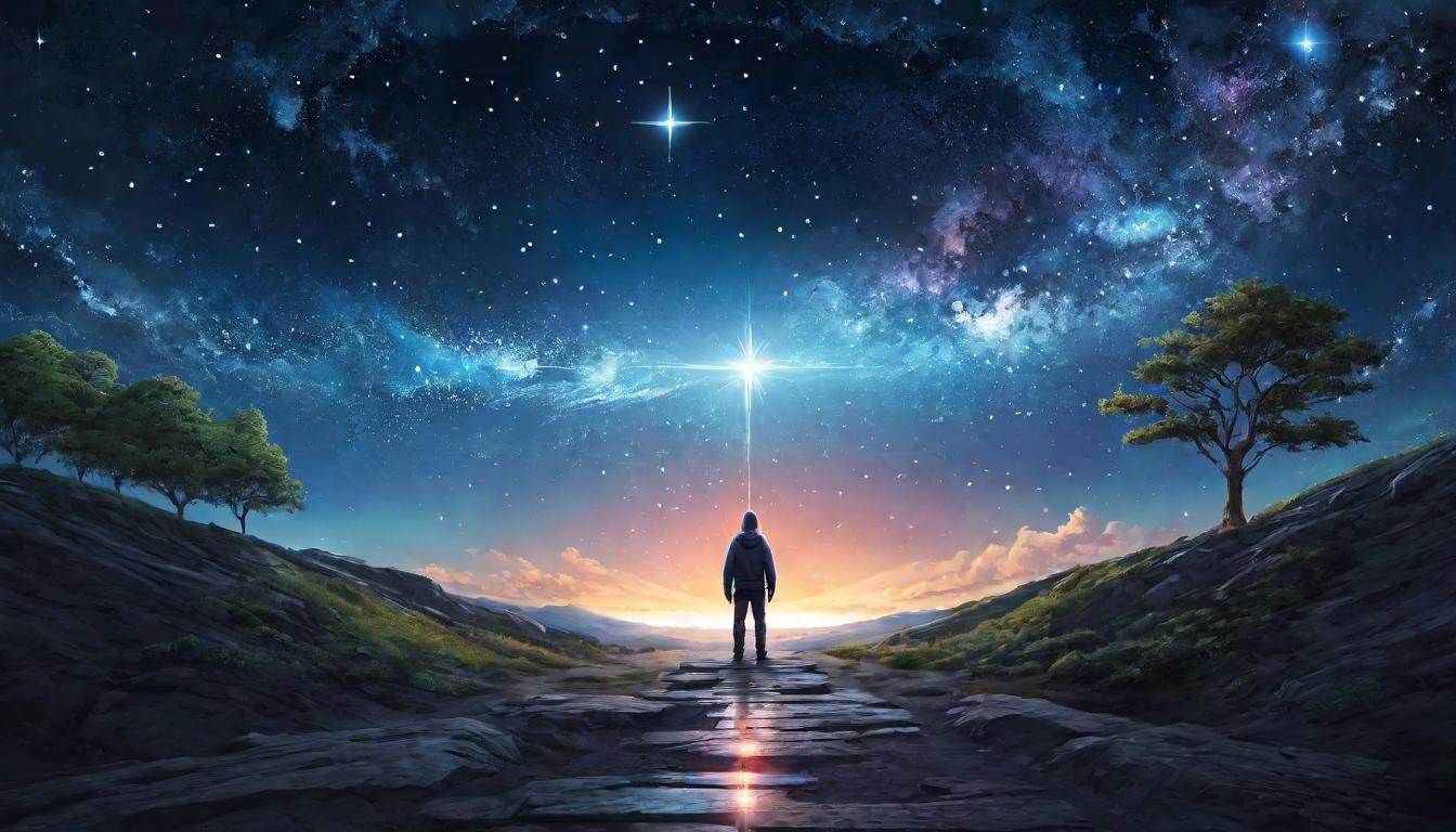  digital illustration A figure standing at a crossroads under a star filled sky, energies converging, purpose ignited, clarity in cosmic alignment, guidance, synchronicity in motion looking at viewer, dynamic pose, (intricate details, masterpiece, best quality)