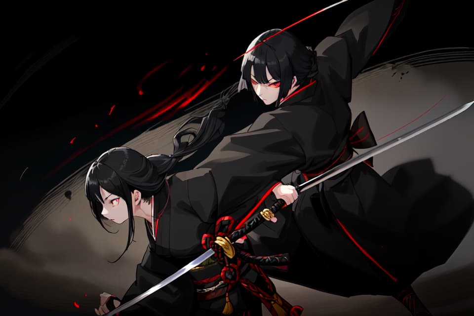  One , black kimono, black hair, black eyes, putting hair in the back, Japanese sword, long sword, hips, hold a sword, night, moon, serious expression, shadowy face, glowing eyes , Small s, slender, approaching, running, cutting, perspective, sprinting, stepping on, dust, winding wind, slashing