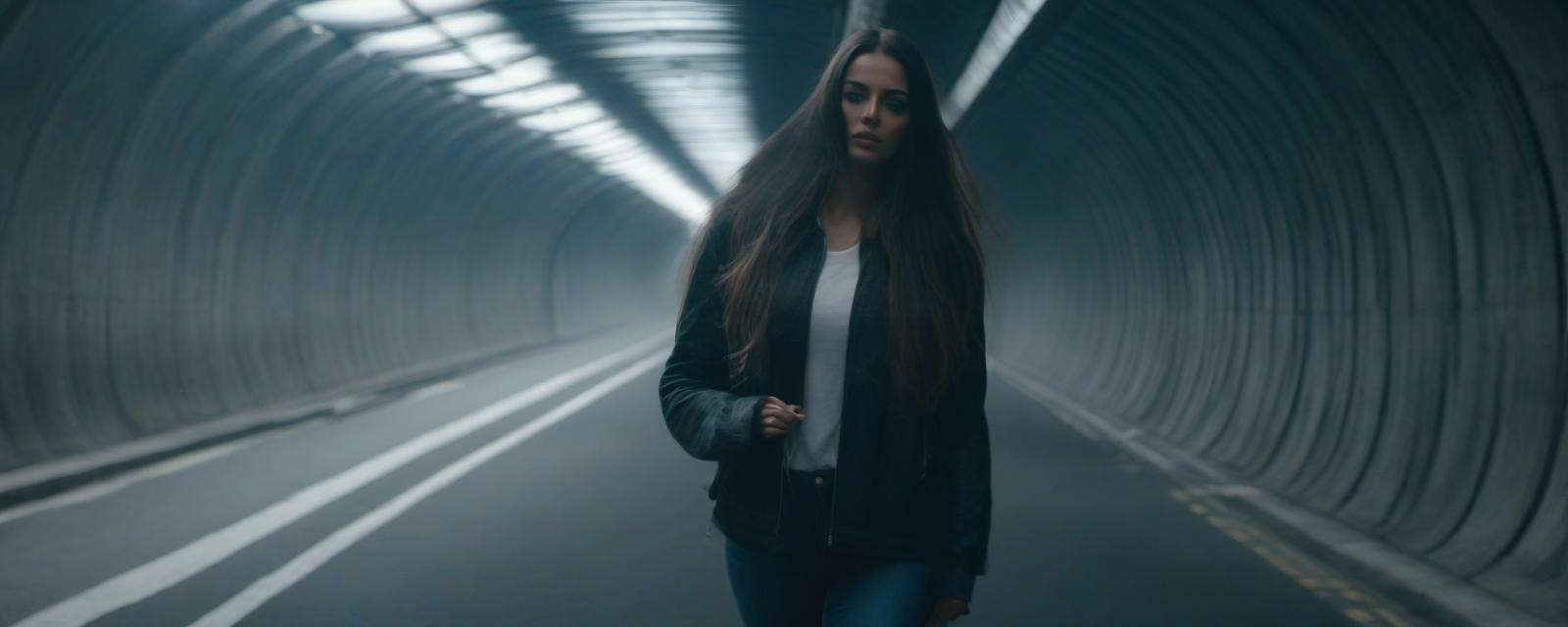  A long haired girl is walking in a tunnel. hyperrealistic, full body, detailed clothing, highly detailed, cinematic lighting, stunningly beautiful, intricate, sharp focus, f/1. 8, 85mm, (centered image composition), (professionally color graded), ((bright soft diffused light)), volumetric fog, trending on instagram, trending on tumblr, HDR 4K, 8K