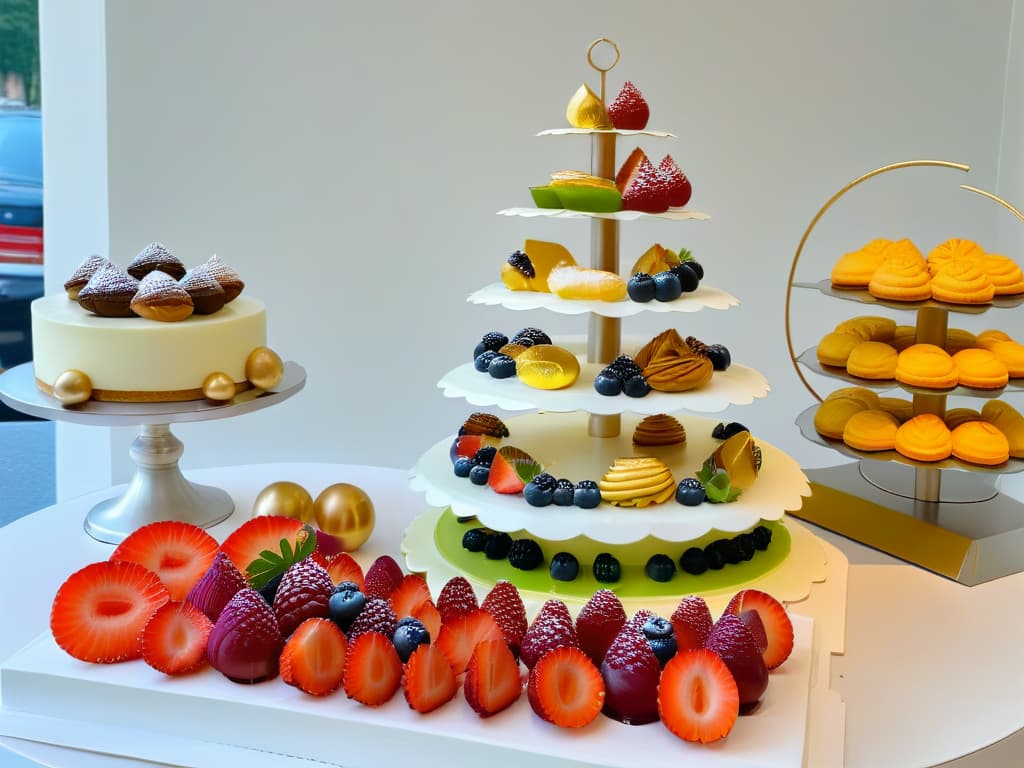  A beautifully styled dessert table showcasing an array of perfectly balanced sweet and savory pastries and treats. The image focuses on the intricate details of each dessert, highlighting the textures, colors, and shapes that embody the concept of balance saladodulce in modern pastrymaking. The presentation is elegant and minimalistic, with soft lighting enhancing the visual appeal of the desserts. hyperrealistic, full body, detailed clothing, highly detailed, cinematic lighting, stunningly beautiful, intricate, sharp focus, f/1. 8, 85mm, (centered image composition), (professionally color graded), ((bright soft diffused light)), volumetric fog, trending on instagram, trending on tumblr, HDR 4K, 8K