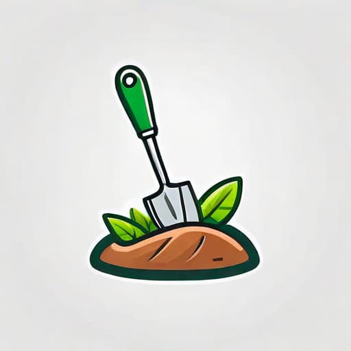  Draw a friendly, clean vector icon depicting a cartoon-style garden trowel with a green handle and a silver metal blade. The trowel should be positioned at a slight angle, with a small sprout or leaf growing from the blade, symbolizing the nurturing and growth aspect of gardening. ((for a logo)), minimalistic, vector illustration, (simple), (white background), no background, for a company, strong color contrast