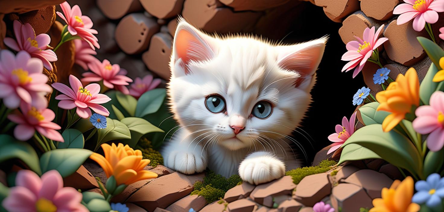  isometric style A hole in the wall, flowers flying from the wall, a small, white, cute kitten comes out of the hole, spring, we are looking straight at the kitten, 3D effect of perspective, the back part of the cat's body is not visible. . vibrant, beautiful, crisp, detailed, ultra detailed, intricate hyperrealistic, full body, detailed clothing, highly detailed, cinematic lighting, stunningly beautiful, intricate, sharp focus, f/1. 8, 85mm, (centered image composition), (professionally color graded), ((bright soft diffused light)), volumetric fog, trending on instagram, trending on tumblr, HDR 4K, 8K