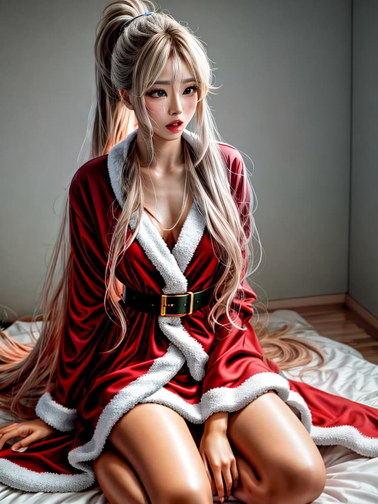  long hair,absurdly long hair,gyaru,ponytail,messy hair, hair,open mouth,drooling,saliva trail,unconscious,,santa, dress,bare legs, old  hyperrealistic, full body, detailed clothing, highly detailed, cinematic lighting, stunningly beautiful, intricate, sharp focus, f/1. 8, 85mm, (centered image composition), (professionally color graded), ((bright soft diffused light)), volumetric fog, trending on instagram, trending on tumblr, HDR 4K, 8K