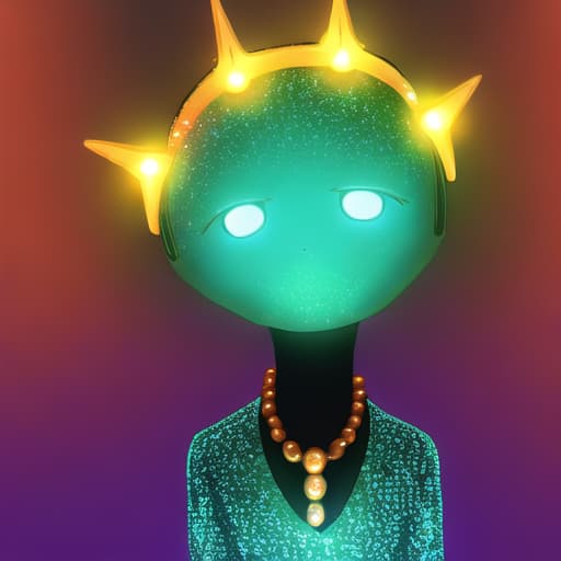  orange alien, long neck feature, yellow bead necklace collar with neon glow blue lights from within itself