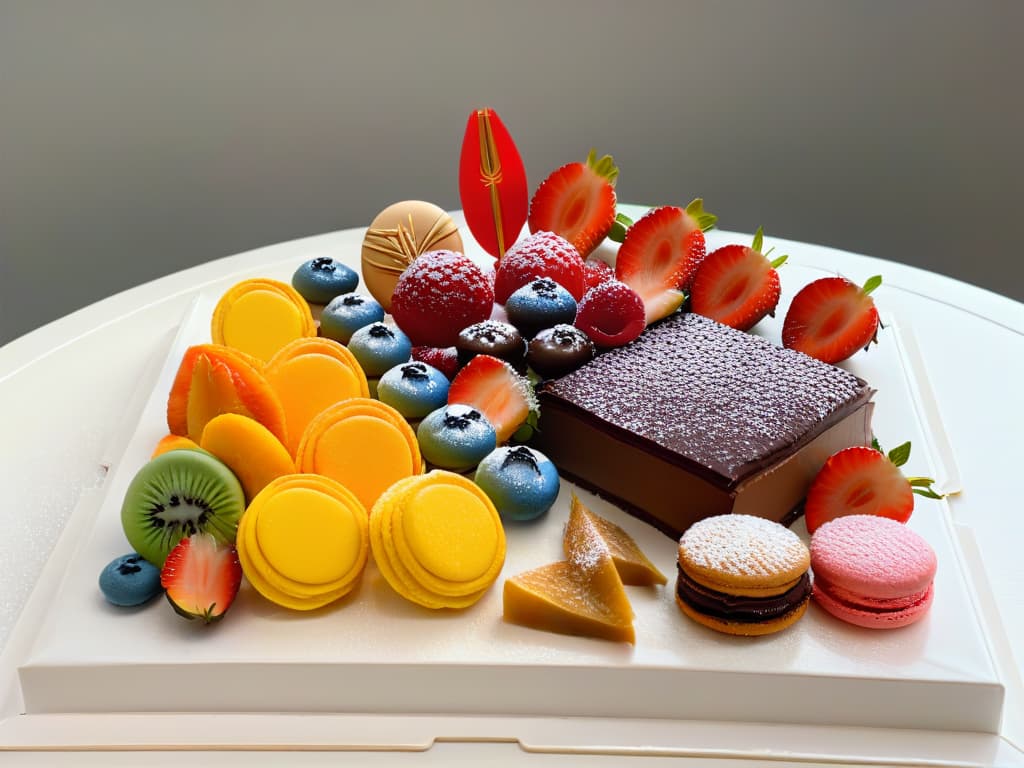  An ultradetailed image of a beautifully arranged dessert platter showcasing a mix of traditional and modern sweet treats. The platter includes intricately designed pastries, colorful macarons, decadent chocolate creations, and delicate fruit tarts, all artfully presented on a sleek, minimalist serving dish. Each dessert is a feast for the eyes, with vibrant colors, exquisite textures, and elegant decorations that highlight the fusion of tradition and innovation in the world of desserts. hyperrealistic, full body, detailed clothing, highly detailed, cinematic lighting, stunningly beautiful, intricate, sharp focus, f/1. 8, 85mm, (centered image composition), (professionally color graded), ((bright soft diffused light)), volumetric fog, trending on instagram, trending on tumblr, HDR 4K, 8K