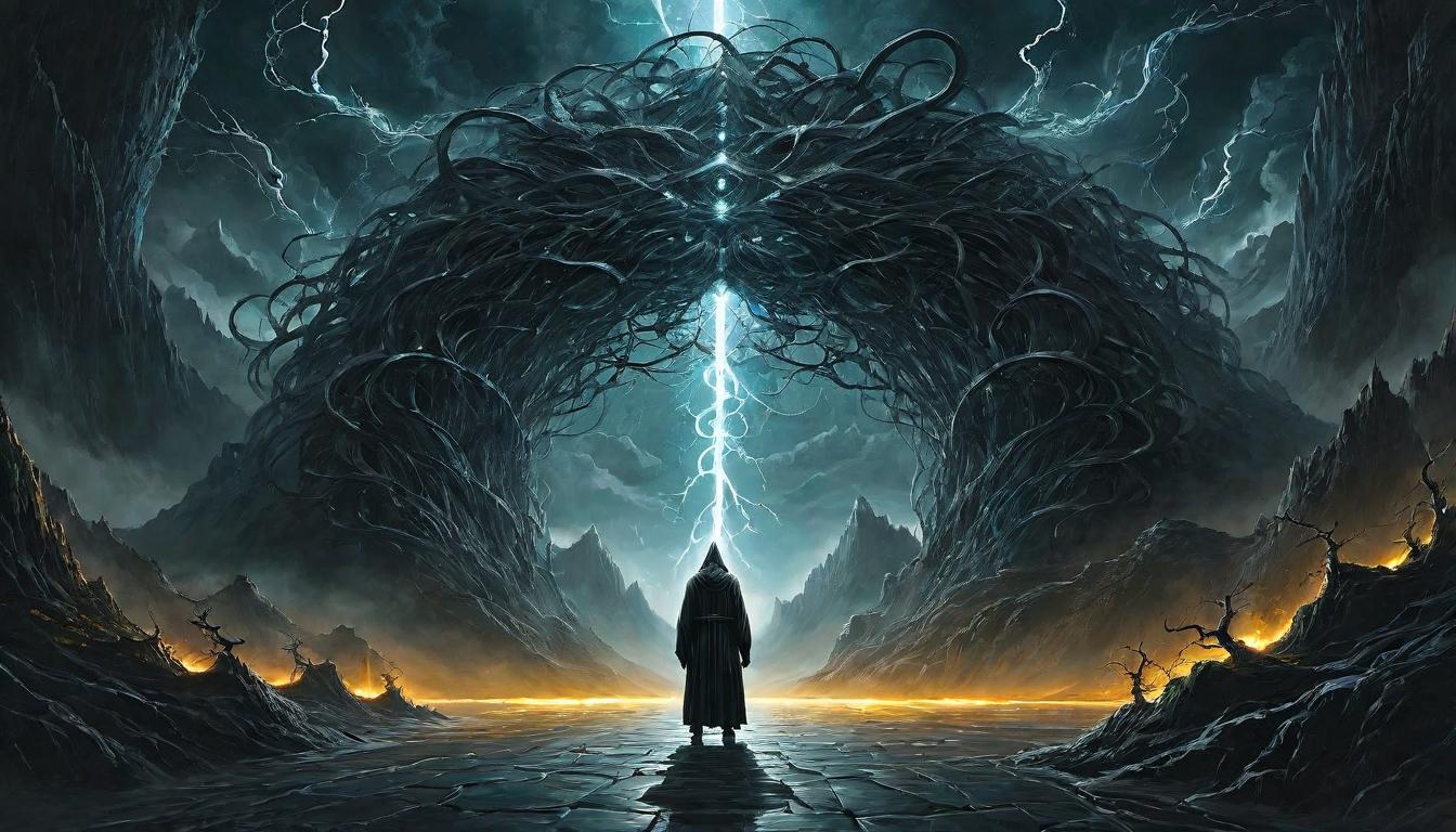  （surrealism)A glowing figure surrounded by tendrils of darkness, light being pulled by the tendrils, expression of confusion and exhaustion, stark Representation of light versus dark, energy siphoning visualized mystic, intricate details, best quality)