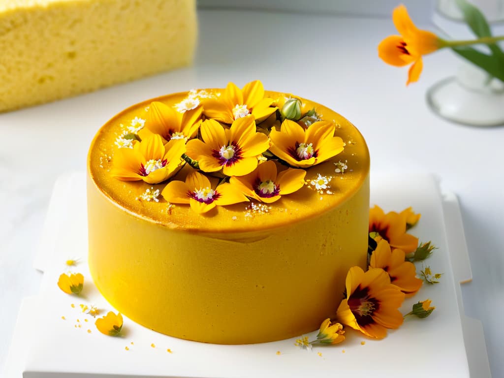  A closeup, ultradetailed image of a golden, glossy vegan and glutenfree turmeric cake, adorned with delicate edible flowers and dusted with a light sprinkle of turmeric powder on a simple, elegant white plate. The cake's texture appears moist, with visible specks of turmeric adding a subtle pop of color to the radiant dessert. The play of light on the cake highlights its inviting, indulgent appearance, making it a visually captivating centerpiece for any vegan and glutenfree culinary creation. hyperrealistic, full body, detailed clothing, highly detailed, cinematic lighting, stunningly beautiful, intricate, sharp focus, f/1. 8, 85mm, (centered image composition), (professionally color graded), ((bright soft diffused light)), volumetric fog, trending on instagram, trending on tumblr, HDR 4K, 8K