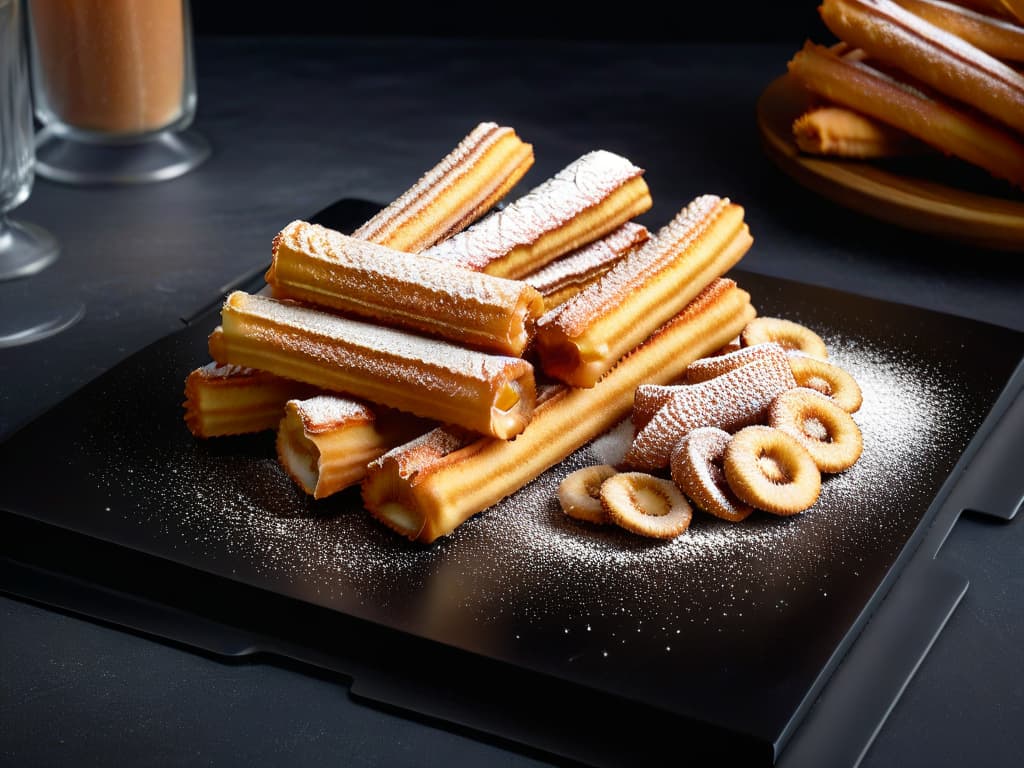  A closeup, ultrahighresolution image of goldenbrown churros dusted with cinnamon sugar, arranged neatly on a sleek, modern matte black plate. The churros glisten under soft, natural lighting, showcasing their perfectly crispy exterior and fluffy interior, with a few sugar crystals delicately sprinkled around for visual appeal. hyperrealistic, full body, detailed clothing, highly detailed, cinematic lighting, stunningly beautiful, intricate, sharp focus, f/1. 8, 85mm, (centered image composition), (professionally color graded), ((bright soft diffused light)), volumetric fog, trending on instagram, trending on tumblr, HDR 4K, 8K