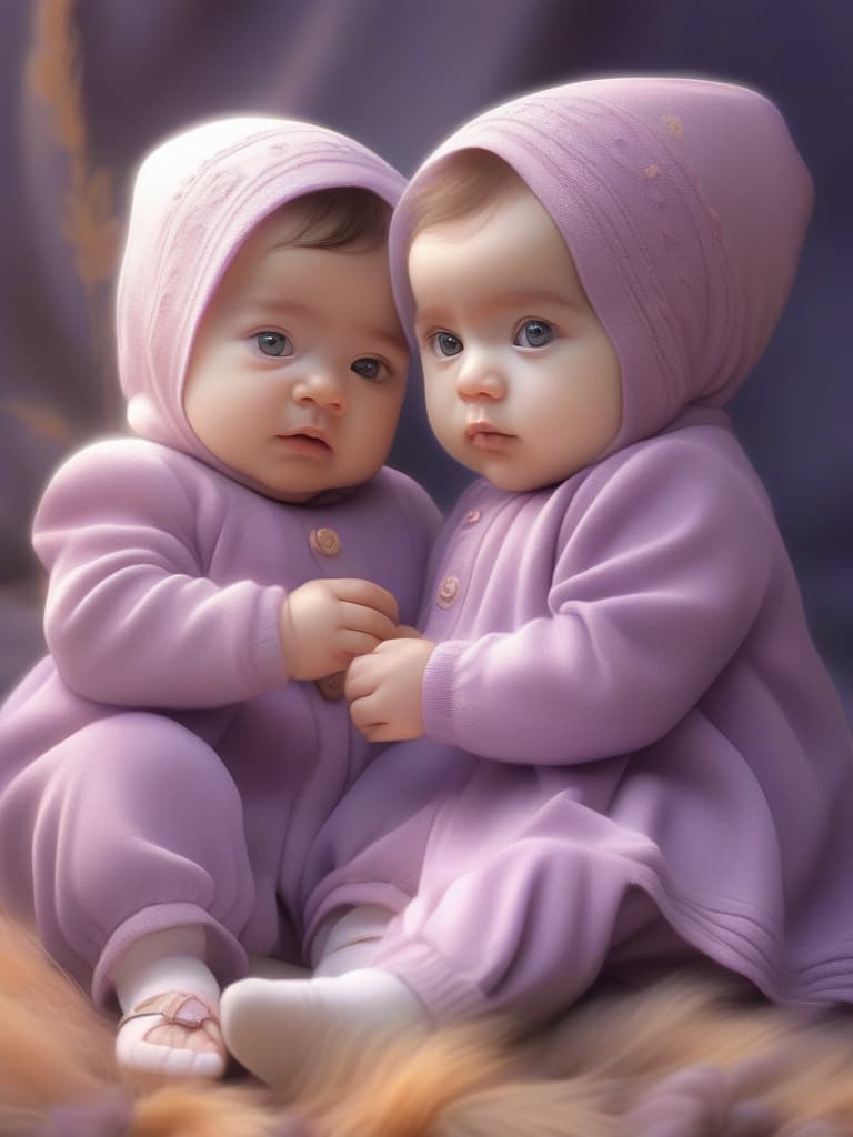  Masterpiece,cute twin babies,purple eye color,sitting,cuddling,wearing matching baby clothes,nursery background,warm colors,gentle touch painting,high quality,8K, masterpiece, best quality,8k,ultra detailed,high resolution,an extremely delicate and beautiful,hyper detail