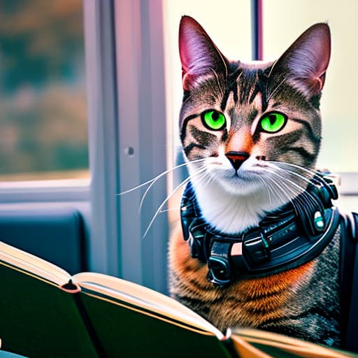 nvinkpunk Realistic image of a cat wearing headphones and reading glasses while riding a bus. hyperrealistic, full body, detailed clothing, highly detailed, cinematic lighting, stunningly beautiful, intricate, sharp focus, f/1. 8, 85mm, (centered image composition), (professionally color graded), ((bright soft diffused light)), volumetric fog, trending on instagram, trending on tumblr, HDR 4K, 8K