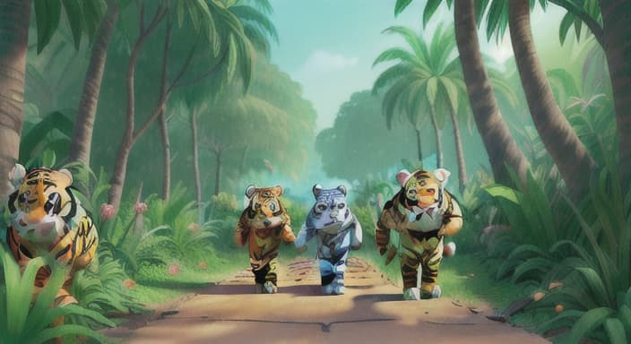  {The tiger and his friends walking side by side through the colorful jungle., His friends come in all shapes and sizes, but they all have kind and welcoming faces.