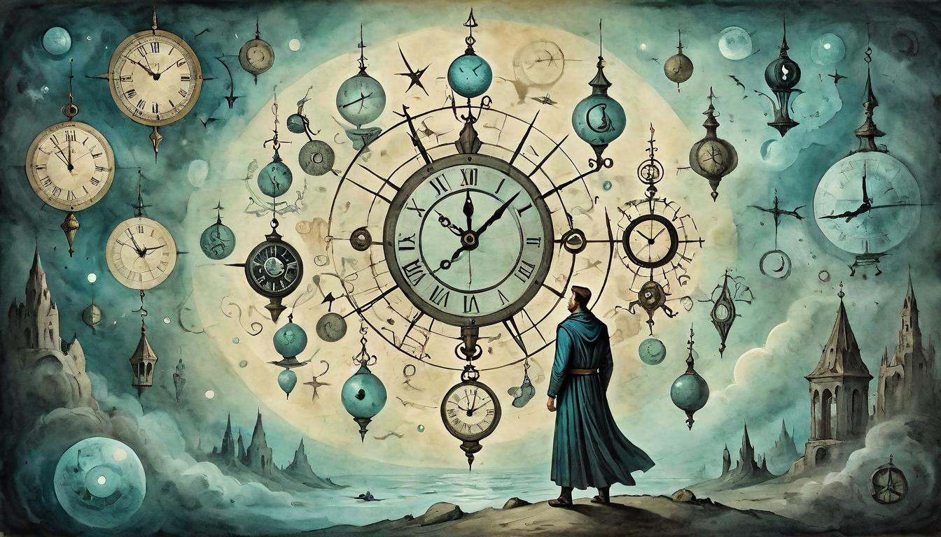  on parchment, surrealism+++, Figure surrounded by floating clocks, time management, energy focus, mystical symbols, glowing orbs, ethereal balance(mysterious, provocative, symbolic,muted color)+++