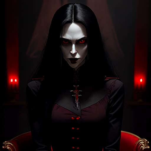  The vampire  has an intriguing and fascinating appearance. Her straight, black hair falls elegantly down the middle of her back, but what stands out is a white front strand that contrasts with the rest of her mane. His eyes, which are intense and threatening red, emanate a supernatural and mysterious aura. She has a somewhat rude and powerful appearance. He wears a  uniform depicting vampires, which is red and highlights their slender and  figure. The uniform's sleeves are long and fit your arms, while the  falls to your . His nails, sharpened and painted in a dark tone, are characteristic of his vampiric nature. Sitting in the clroom, she adopts a dignified and majestic pose, like a true Empress. His presenc