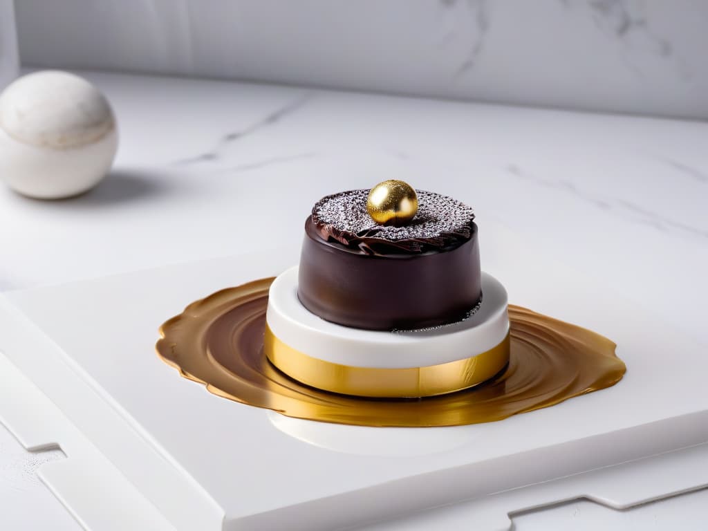  A closeup, ultradetailed image of a glossy, perfectly tempered dark chocolate bonbon, elegantly decorated with a delicate gold leaf. The bonbon is placed on a sleek, minimalistic white porcelain plate, set against a soft, blurred background of a modern kitchen with stylish marble countertops. The intricate swirls and textures of the chocolate's surface are mesmerizing, showcasing the craftsmanship and artistry involved in contemporary pastry making. This visually stunning image exudes sophistication and luxury, perfectly complementing the theme of chocolate as a key element in modern pastry creations. hyperrealistic, full body, detailed clothing, highly detailed, cinematic lighting, stunningly beautiful, intricate, sharp focus, f/1. 8, 85mm, (centered image composition), (professionally color graded), ((bright soft diffused light)), volumetric fog, trending on instagram, trending on tumblr, HDR 4K, 8K