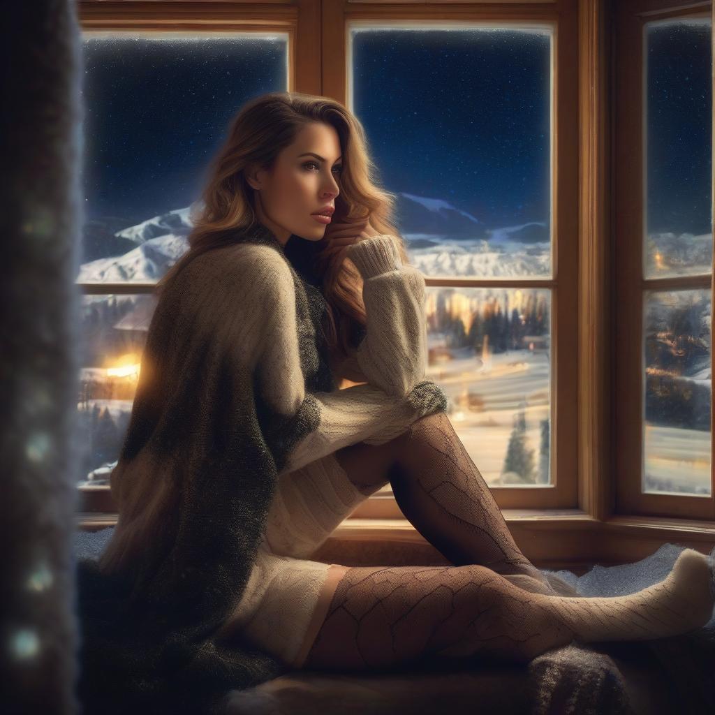  An ultra hot gorgeous European woman, age 23, sitting on a window sill wearing stockings. Through the window a winter starry night, snowy village, northern lights.Beautiful legs, on the , Engaging pose, hugging her , tights, Beautiful squatting, hyperrealistic, full body, detailed clothing, highly detailed, cinematic lighting, stunningly beautiful, intricate, sharp focus, f/1. 8, 85mm, (centered image composition), (professionally color graded), ((bright soft diffused light)), volumetric fog, trending on instagram, trending on tumblr, HDR 4K, 8K