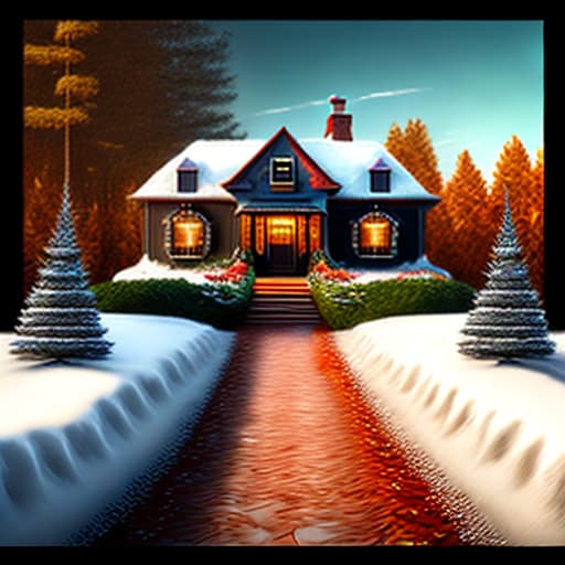  Close up drive way, beautiful scenery of a house snow neighborhood, Christmas trees, and garden, hues, matte painting style liminal