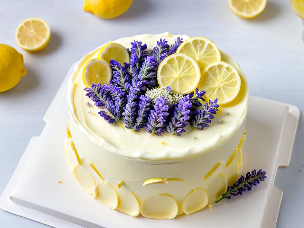  In the image, a closeup view of a beautifully styled vegan lemon lavender cake is showcased. The cake is elegantly decorated with fresh lavender flowers and lemon slices on top, emphasizing the use of essential oils in baking. The soft natural light highlights the details of the moist sponge and creamy frosting, making the viewer almost able to smell the citrusy and floral aromas emanating from the cake. The image exudes a sense of sophistication and natural beauty, perfectly complementing the theme of using essential oils in vegan baking. hyperrealistic, full body, detailed clothing, highly detailed, cinematic lighting, stunningly beautiful, intricate, sharp focus, f/1. 8, 85mm, (centered image composition), (professionally color graded), ((bright soft diffused light)), volumetric fog, trending on instagram, trending on tumblr, HDR 4K, 8K