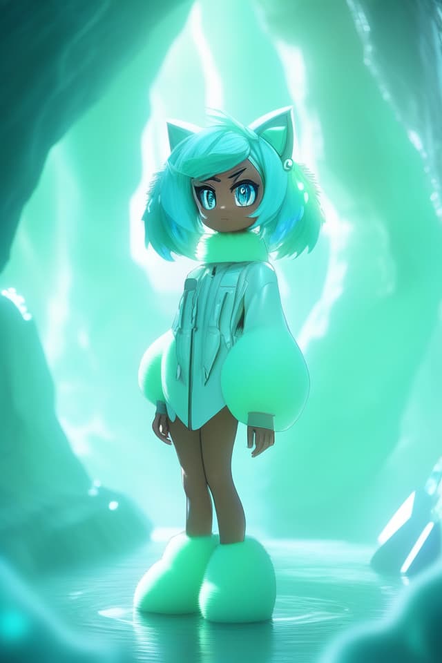  (madeon,in crystal cave,Crystal that reflects light,sparkling crystal,fantasy,science fiction:1.4),(incredibly absurdres),(highres),(top quality,masterpiece),((texture)),((contrast)),(sense of depth:1.3) BREAK solo,18yo,furry female, monster girl,tetrapod,cute face,wide eyed,(tanned skin,oily skin:1.3),pastel green hair,tail,(fur,body fur,neck fur,volumey fur:1.3),(looking away,top down bottom up:1.4),dynamic angle,