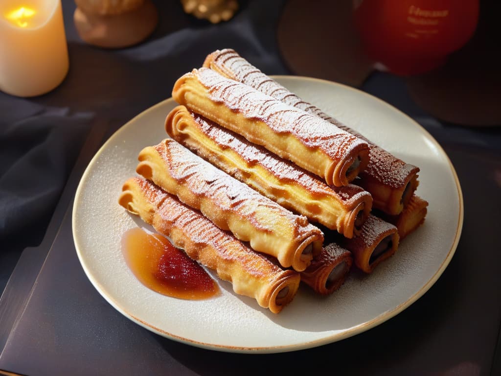  A closeup, ultradetailed image of a perfectly crafted Spanish churro dusted with cinnamon sugar, resting on a delicate porcelain plate against a dark, textured background. The churro glistens under a soft, warm light, showcasing its crispy exterior and fluffy interior, while a subtle trail of steam rises from its golden surface, inviting viewers to savor the moment. hyperrealistic, full body, detailed clothing, highly detailed, cinematic lighting, stunningly beautiful, intricate, sharp focus, f/1. 8, 85mm, (centered image composition), (professionally color graded), ((bright soft diffused light)), volumetric fog, trending on instagram, trending on tumblr, HDR 4K, 8K