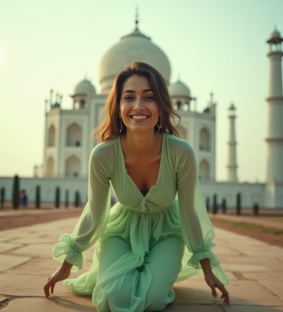  good quality, high quality, fashion photography. a low angle shot. an indian woman wearing a light green kameez is lowered and looking towards the camera, creating a dynamic and immersive perspective. taj mahal with dusky atmosphere in the background. the focus is on the woman, with a slight blur on the background to enhance depth. the lighting is natural, casting soft shadows and enhancing the serene, airy mood. a ground level view emphasizes her movement and expression, conveying a sense of freedom and elegance.