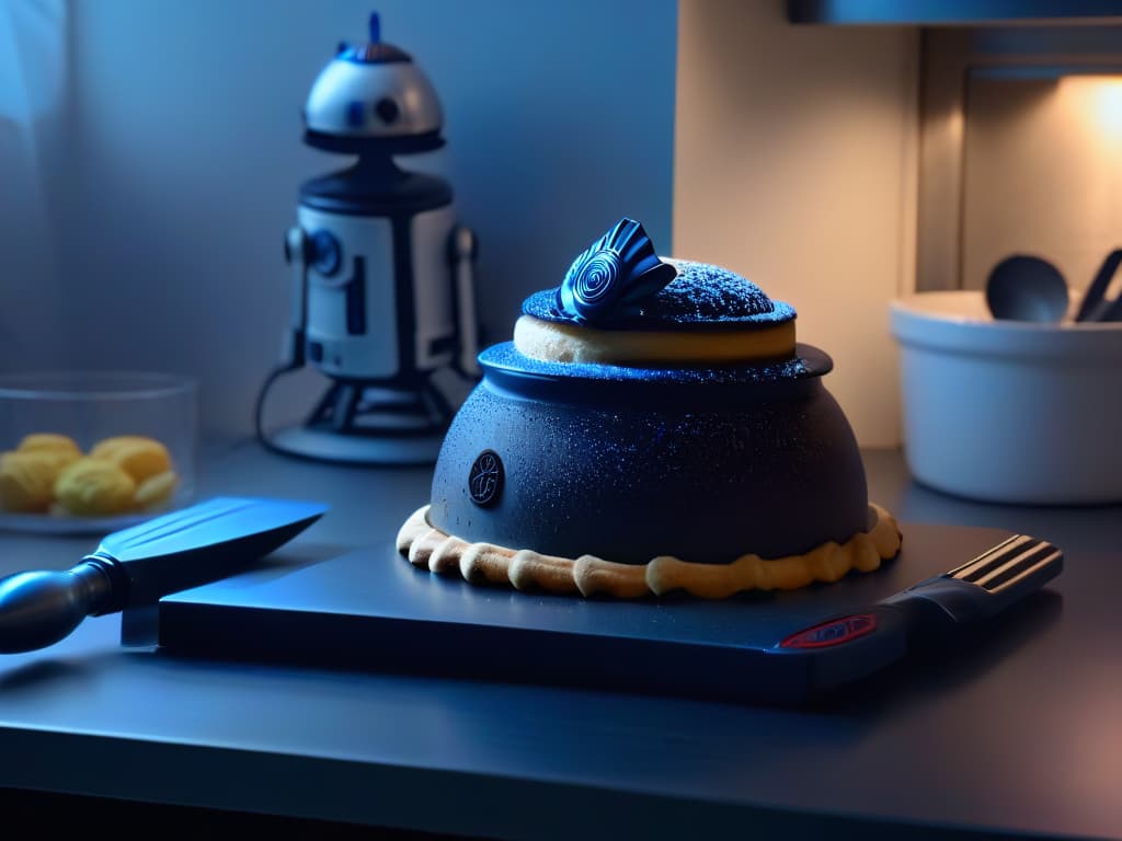  A minimalist, sleek image of a dark kitchen countertop with a set of futuristic Star Warsthemed baking utensils neatly arranged. The utensils include a lightsaberhandled whisk, a Death Starshaped cookie cutter, R2D2 measuring cups, and a Millennium Falcon spatula. The sleek metal surfaces of the utensils catch the light, emphasizing their scifi design. The background is blurred to keep the focus on the utensils, creating a modern and professional aesthetic perfect for fans looking to create galactic desserts. hyperrealistic, full body, detailed clothing, highly detailed, cinematic lighting, stunningly beautiful, intricate, sharp focus, f/1. 8, 85mm, (centered image composition), (professionally color graded), ((bright soft diffused light)), volumetric fog, trending on instagram, trending on tumblr, HDR 4K, 8K