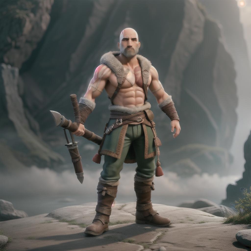  God of war hyperrealistic, full body, detailed clothing, highly detailed, cinematic lighting, stunningly beautiful, intricate, sharp focus, f/1. 8, 85mm, (centered image composition), (professionally color graded), ((bright soft diffused light)), volumetric fog, trending on instagram, trending on tumblr, HDR 4K, 8K