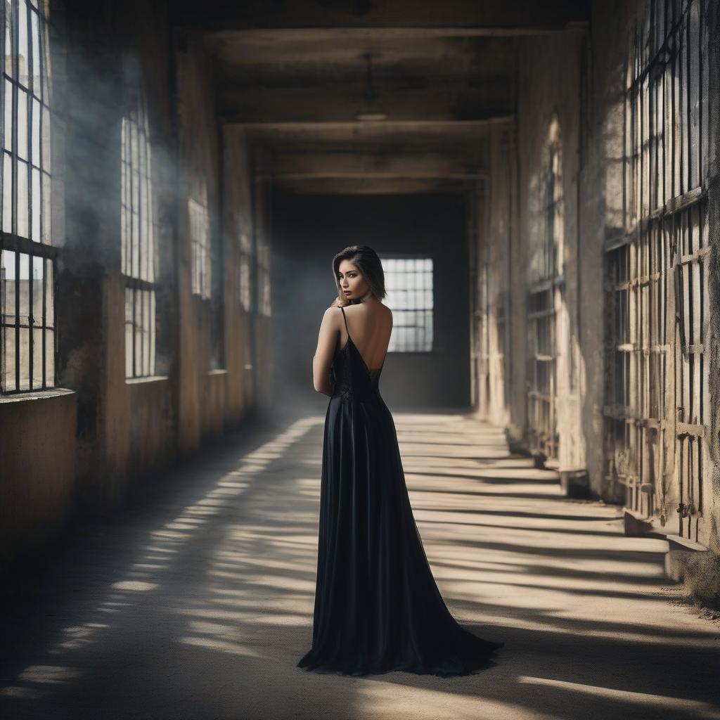  Sad beauty in a black dress in a deserted prison hyperrealistic, full body, detailed clothing, highly detailed, cinematic lighting, stunningly beautiful, intricate, sharp focus, f/1. 8, 85mm, (centered image composition), (professionally color graded), ((bright soft diffused light)), volumetric fog, trending on instagram, trending on tumblr, HDR 4K, 8K