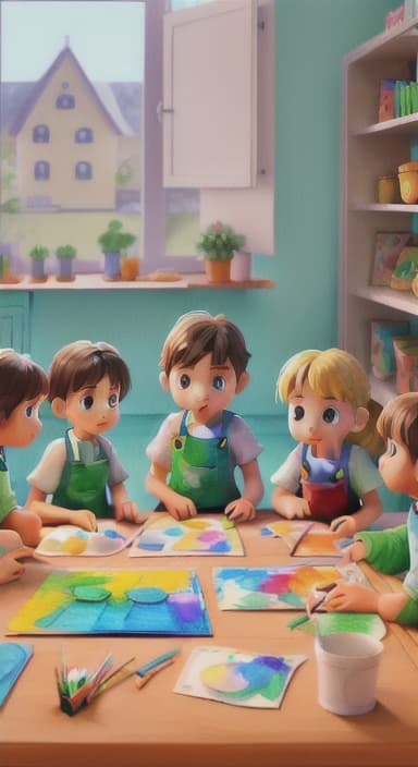  {Children gathered around a table full of paints, brushes, and paper., Kids wearing aprons, concentrating on their painting with bright colors on paper.