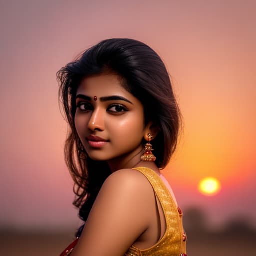  Indian beautiful woman portrait soft lighting sunset background cute face, fair skin, sexy structure
