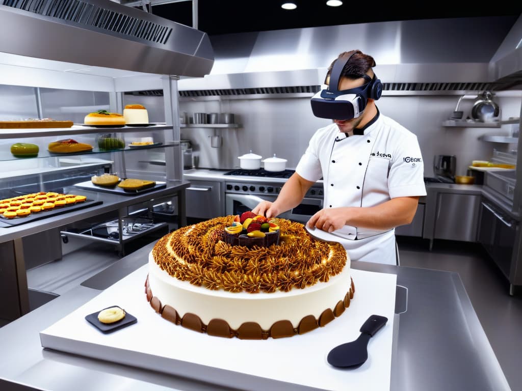  A detailed image of a professional pastry chef wearing a virtual reality headset, immersed in a virtual kitchen environment. The chef is surrounded by advanced kitchen equipment and tools, interacting with virtual ingredients and creating a stunning dessert. The scene is sleek and modern, with a focus on the chef's concentration and creativity as they work within the virtual realm. hyperrealistic, full body, detailed clothing, highly detailed, cinematic lighting, stunningly beautiful, intricate, sharp focus, f/1. 8, 85mm, (centered image composition), (professionally color graded), ((bright soft diffused light)), volumetric fog, trending on instagram, trending on tumblr, HDR 4K, 8K