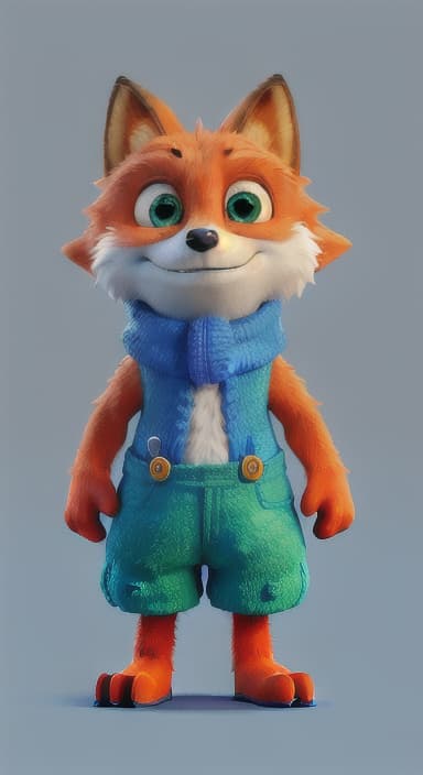  {Error the fox pressing the blue button with his paw, looking puzzled as nothing occurs., Error is a small, bright orange fox with a fluffy tail and big, inquisitive eyes. He has a mischievous yet kind expression and wears a tiny green scarf.