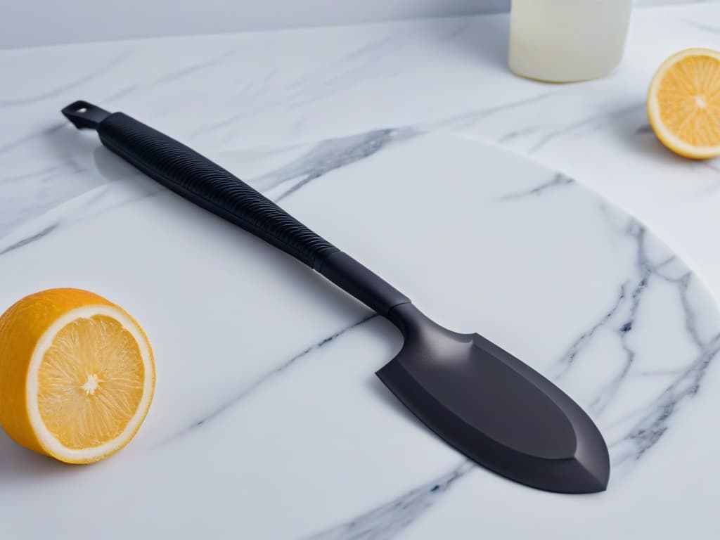  A closeup, ultradetailed image of a sleek, matte black offset spatula resting on a marble countertop. The spatula's handle is engraved with intricate floral patterns, adding a touch of elegance to the minimalistic design. The soft, even lighting highlights the smooth curves and sharp edge of the spatula, emphasizing its highquality craftsmanship and modern aesthetic. hyperrealistic, full body, detailed clothing, highly detailed, cinematic lighting, stunningly beautiful, intricate, sharp focus, f/1. 8, 85mm, (centered image composition), (professionally color graded), ((bright soft diffused light)), volumetric fog, trending on instagram, trending on tumblr, HDR 4K, 8K