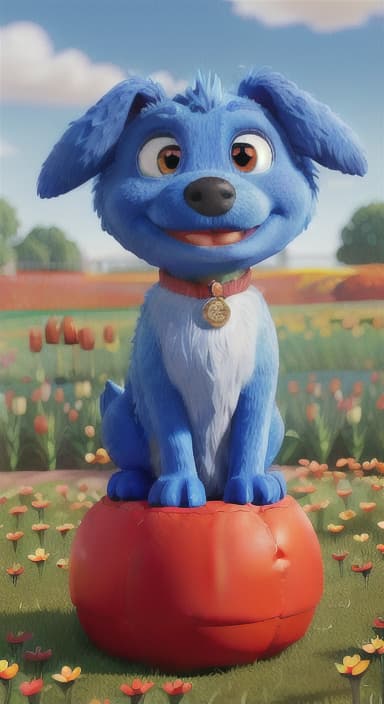  {The red ball nestled in a bed of colorful flowers like daisies and tulips, The big blue dog is large with sky blue fur, big round eyes, a black nose, and floppy ears.