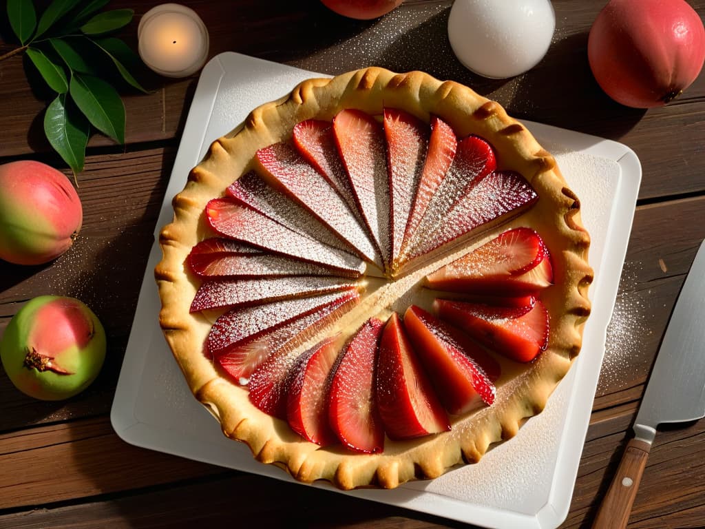  An ultradetailed, photorealistic image of a freshly baked guava pie on a rustic wooden table. The pie is golden brown with a flaky crust, topped with slices of ripe guava arranged in an intricate pattern. A sprinkle of powdered sugar dusts the top, with a few whole guavas and leafy sprigs as garnish. The lighting is warm and inviting, casting soft shadows that enhance the textures of the pie crust and fruit. The scene conveys a sense of homemade, exotic indulgence perfect for a tropical pastry recipe. hyperrealistic, full body, detailed clothing, highly detailed, cinematic lighting, stunningly beautiful, intricate, sharp focus, f/1. 8, 85mm, (centered image composition), (professionally color graded), ((bright soft diffused light)), volumetric fog, trending on instagram, trending on tumblr, HDR 4K, 8K