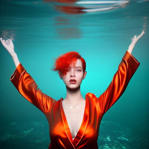 redshift style woman under water with short orange hair no reaction wearing red robe without anything else