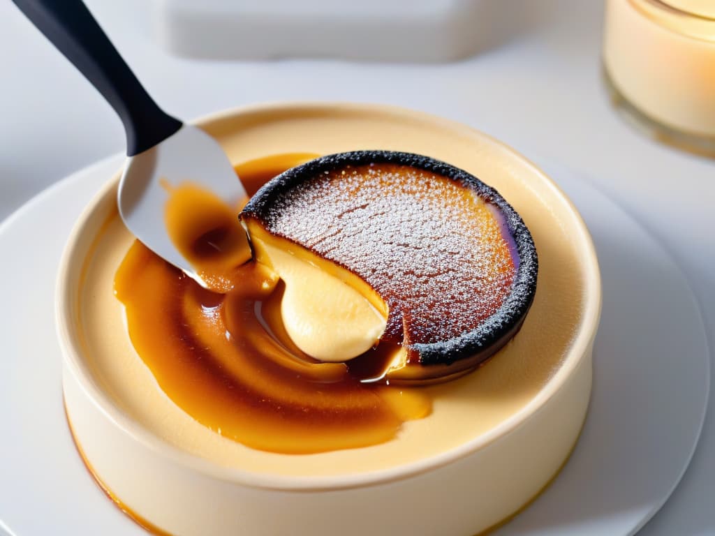  A closeup, ultradetailed image of a perfectly goldenbrown crème brûlée being torched, capturing the precise moment when the sugar caramelizes and crackles under the flame, emitting a warm, inviting glow. The creamy custard underneath is visible through the transparent shards of caramel, showcasing the decadent layers of this classic dessert in exquisite detail. hyperrealistic, full body, detailed clothing, highly detailed, cinematic lighting, stunningly beautiful, intricate, sharp focus, f/1. 8, 85mm, (centered image composition), (professionally color graded), ((bright soft diffused light)), volumetric fog, trending on instagram, trending on tumblr, HDR 4K, 8K