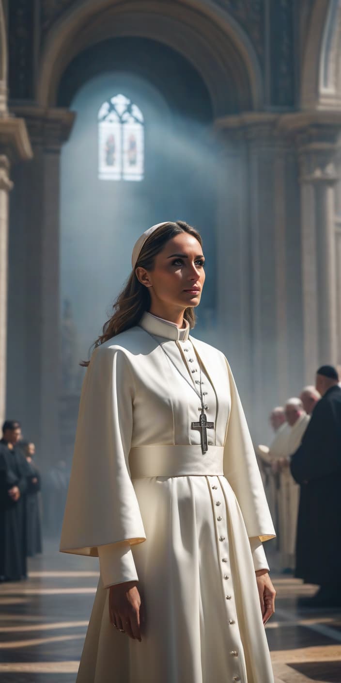  Girl, behind, pope, hyperrealistic, full body, detailed clothing, highly detailed, cinematic lighting, stunningly beautiful, intricate, sharp focus, f/1. 8, 85mm, (centered image composition), (professionally color graded), ((bright soft diffused light)), volumetric fog, trending on instagram, trending on tumblr, HDR 4K, 8K