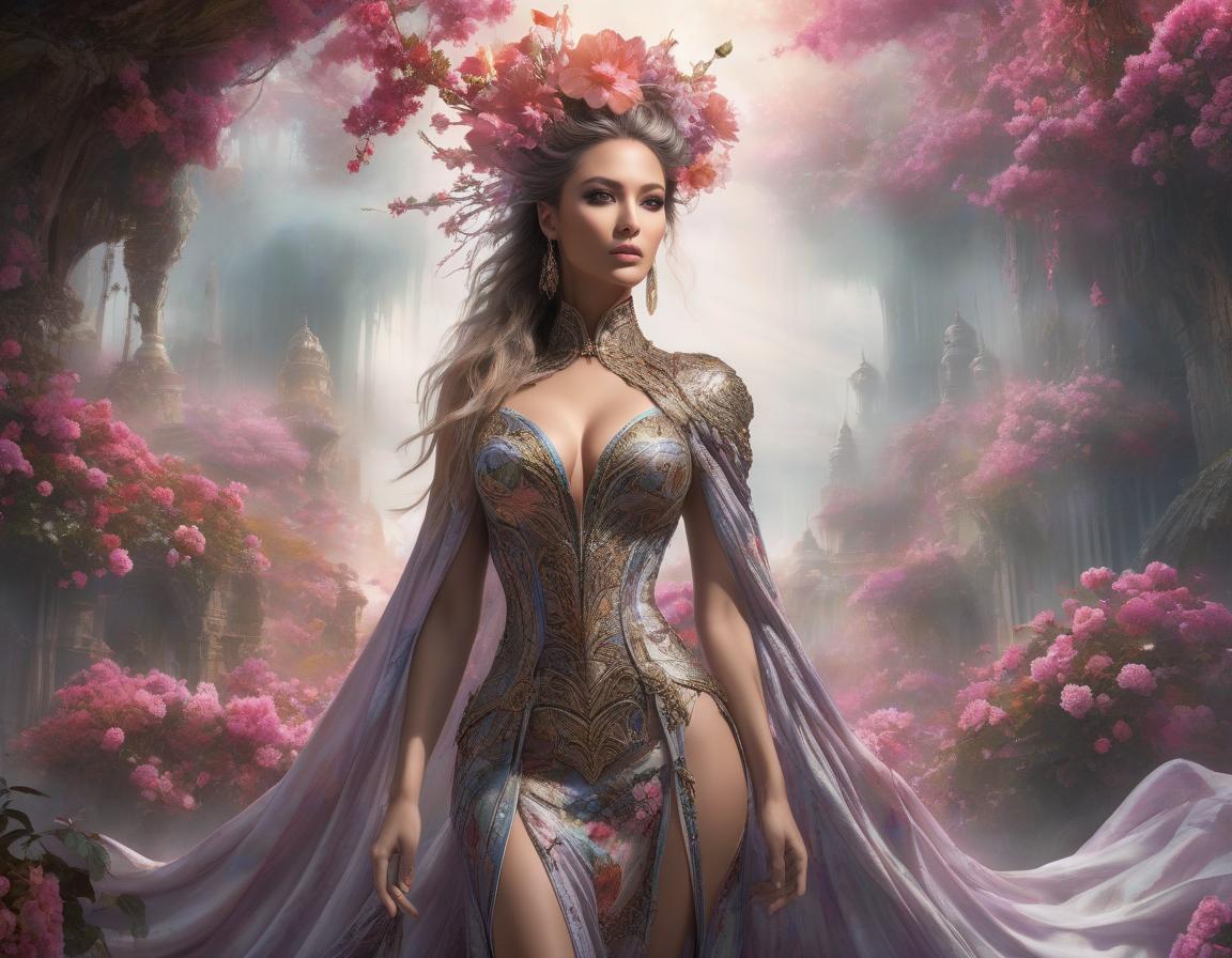  concept art Envision a work of art where fantasy and reality blur—a woman stands enshrouded in a tapestry of vivid blossoms, her hair a cascade of elaborate floral designs. She dons a dress of futuristic elegance against a backdrop that whispers of the surreal, all captured in the distinctive style of Luis Royo. This digital masterpiece comes alive with brilliant hues and otherworldly illumination, creating a dreamy realm where every ornate detail contributes to an imaginative tableau. . digital artwork, illustrative, painterly, matte painting, highly detailed hyperrealistic, full body, detailed clothing, highly detailed, cinematic lighting, stunningly beautiful, intricate, sharp focus, f/1. 8, 85mm, (centered image composition), (professionally color graded), ((bright soft diffused light)), volumetric fog, trending on instagram, trending on tumblr, HDR 4K, 8K