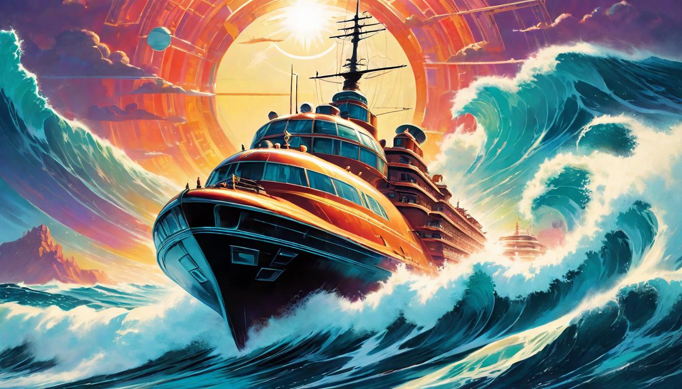  retro futuristic A ship steering steadily through rolling waves, captain at the helm, emblem of stability, navigating life's upheavals, guided by inner light, resilience personified lvintage sci fi, 50s and 60s style, atomic age, vibrant, highly detailed