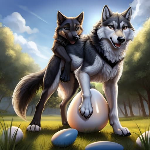  Wolf, feral dog, egg in ass, anal oviposition, view from behind,, open eyes, digital art, masterpiece, 4k, fine details,