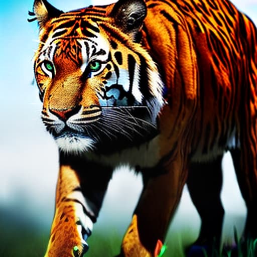 redshift style Combination of eagle, tiger and leopard hyperrealistic, full body, detailed clothing, highly detailed, cinematic lighting, stunningly beautiful, intricate, sharp focus, f/1. 8, 85mm, (centered image composition), (professionally color graded), ((bright soft diffused light)), volumetric fog, trending on instagram, trending on tumblr, HDR 4K, 8K