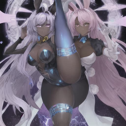  An archmage woman, dark skin, tall and with large, with long silver hair, with rabbit ears instead of human ears, these ears will be large and will be downward facing from where the human ears would be, she will have eyes blue and an electric blue and gold aura around it, in the background it will have pink crystals, make the full body image