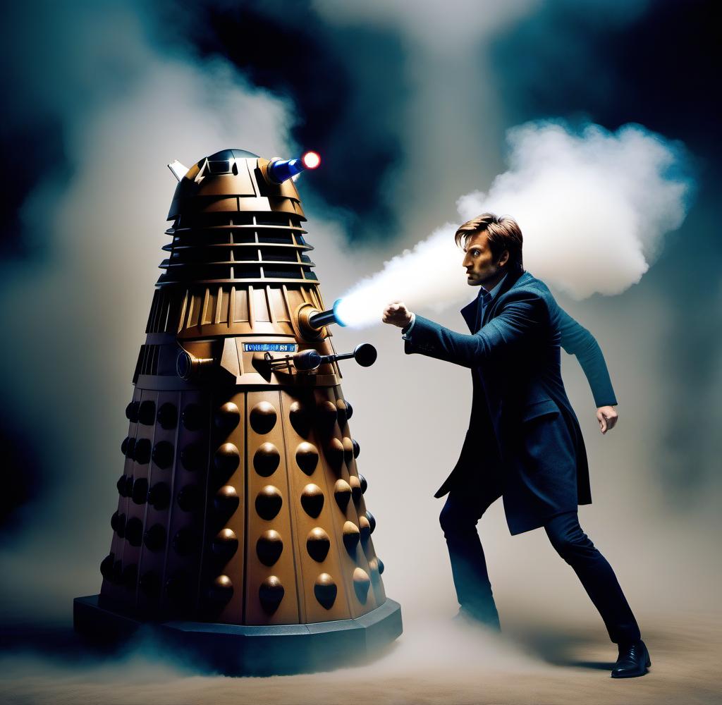  david tenant fighting a dalek hyperrealistic, full body, detailed clothing, highly detailed, cinematic lighting, stunningly beautiful, intricate, sharp focus, f/1. 8, 85mm, (centered image composition), (professionally color graded), ((bright soft diffused light)), volumetric fog, trending on instagram, trending on tumblr, HDR 4K, 8K