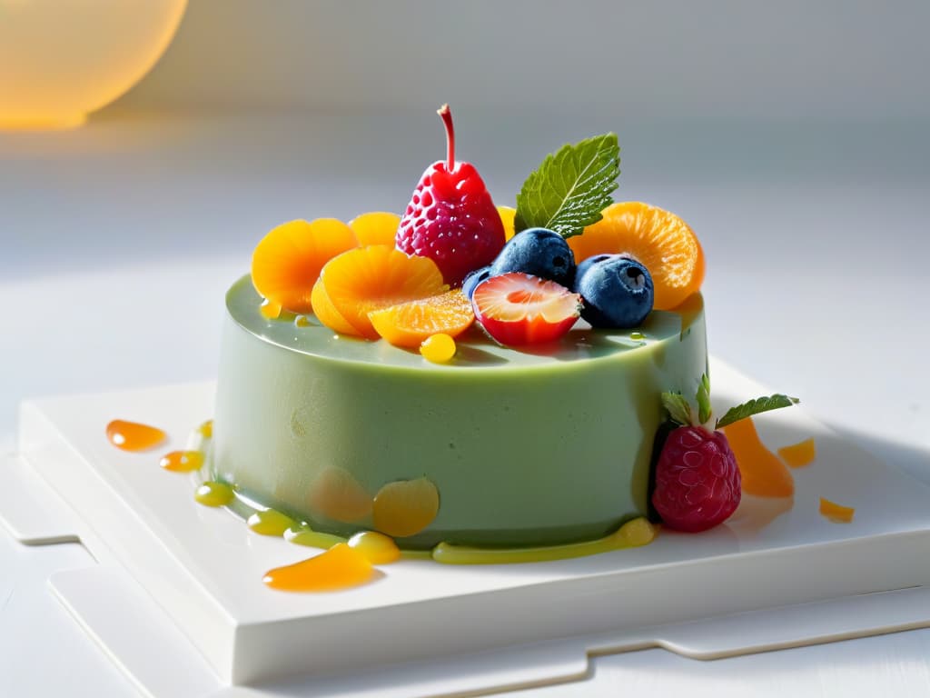  A highresolution closeup image of a vibrant, intricately designed gourmet gelatin dessert resting elegantly on a sleek, minimalist white plate. The gelatin is perfectly set, showcasing layers of colorful fruit pieces suspended within a clear, glossy gel. The natural light highlights the details of the dessert, emphasizing its freshness and creativity. The background is softly blurred, keeping the focus solely on the exquisite presentation of the gelatin. hyperrealistic, full body, detailed clothing, highly detailed, cinematic lighting, stunningly beautiful, intricate, sharp focus, f/1. 8, 85mm, (centered image composition), (professionally color graded), ((bright soft diffused light)), volumetric fog, trending on instagram, trending on tumblr, HDR 4K, 8K