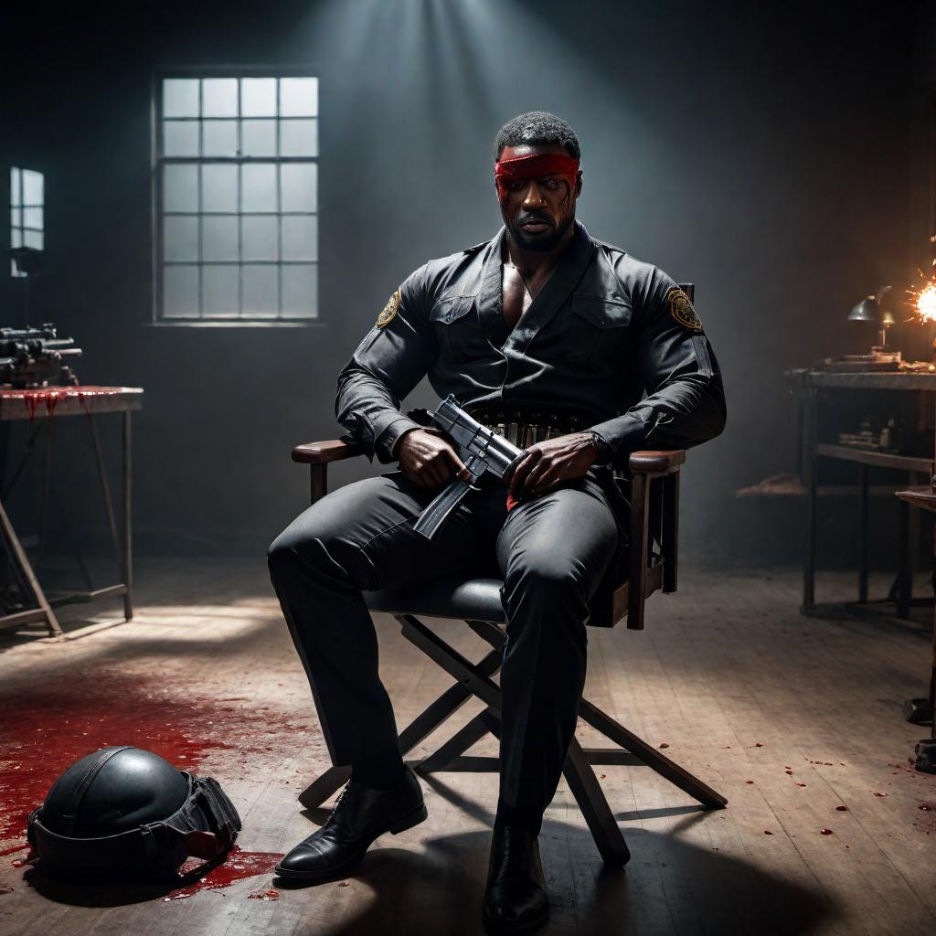  A dark room with a black man tied up, bloodied, blindfolded in a chair, and a gun nearby after getting beat up. hyperrealistic, full body, detailed clothing, highly detailed, cinematic lighting, stunningly beautiful, intricate, sharp focus, f/1. 8, 85mm, (centered image composition), (professionally color graded), ((bright soft diffused light)), volumetric fog, trending on instagram, trending on tumblr, HDR 4K, 8K